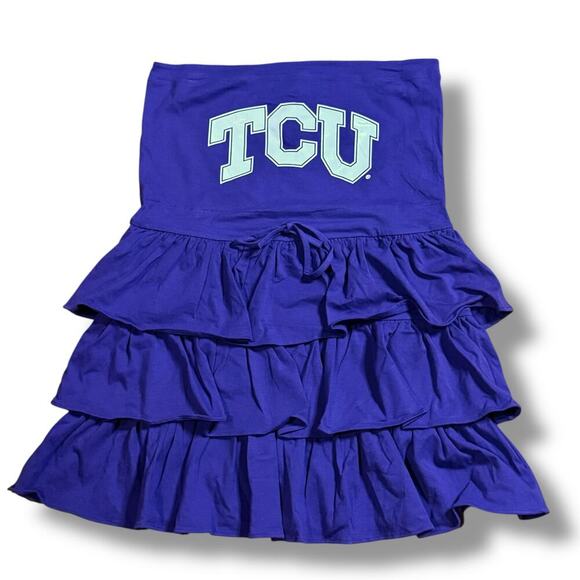 Y2K NOS TCU Mini Strapless Dress Womens Ruffled Layered Purple White Logo Size L - Picture 1 of 7